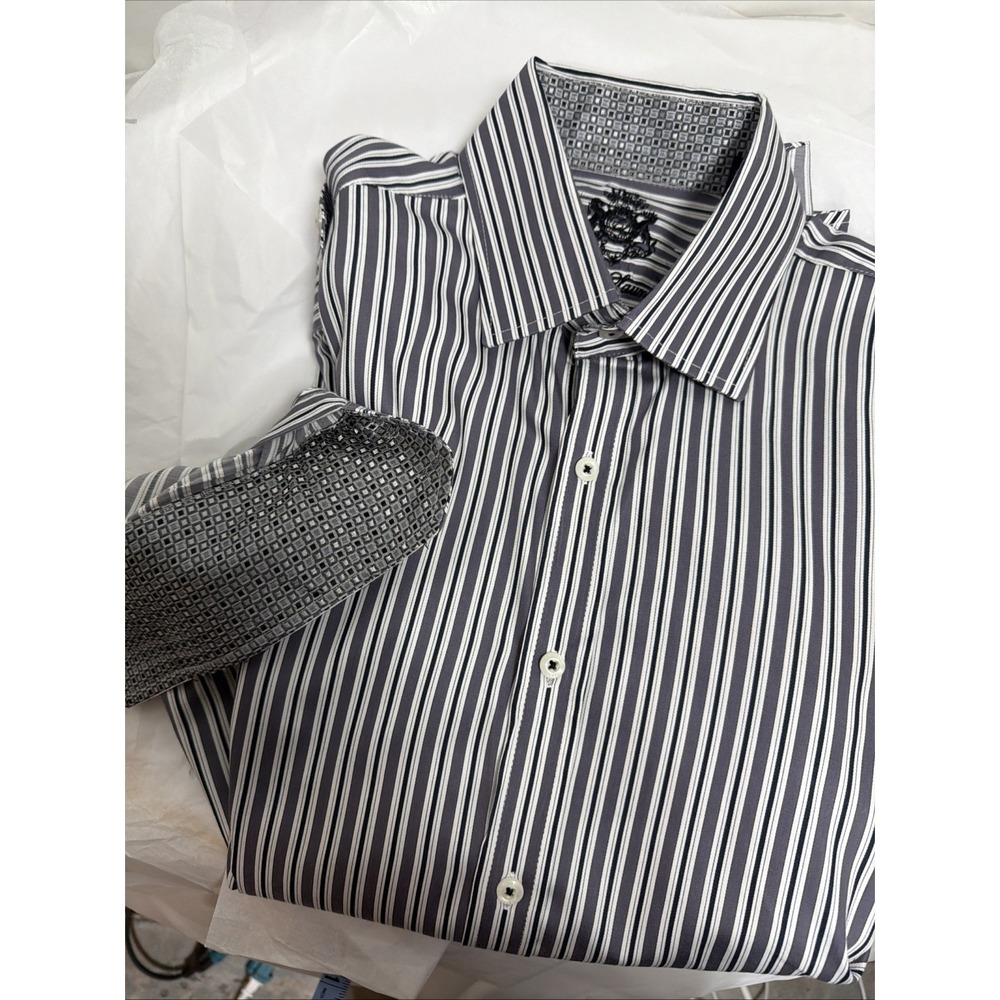 English Laundry Dress Shirt Mens 16 34/35 L Gray Black Stripe Business Flip Cuff